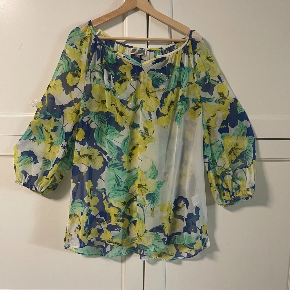 JM Collection Womens XL Floral Chiffon Blouse Rhinestone Split Neck Blue Yellow